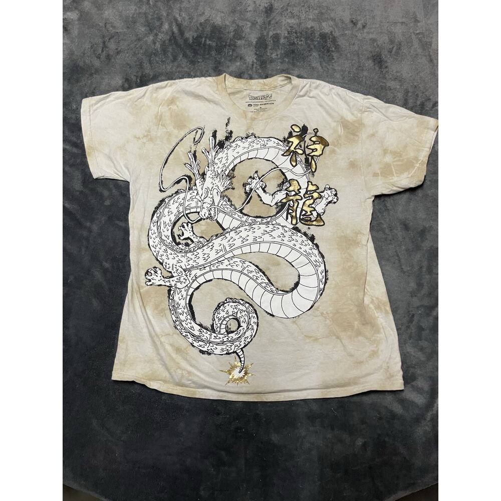 Dragon Ball Z Shenron Tan Tie-Dye T-Shirt Men Sz M Gold Foil Japanese Streetwear